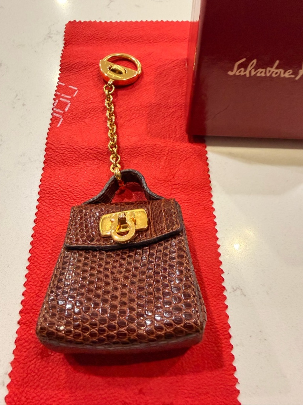 Salvatore Ferragamo Brown Croc-Texture Mini Bag Charm Keychain